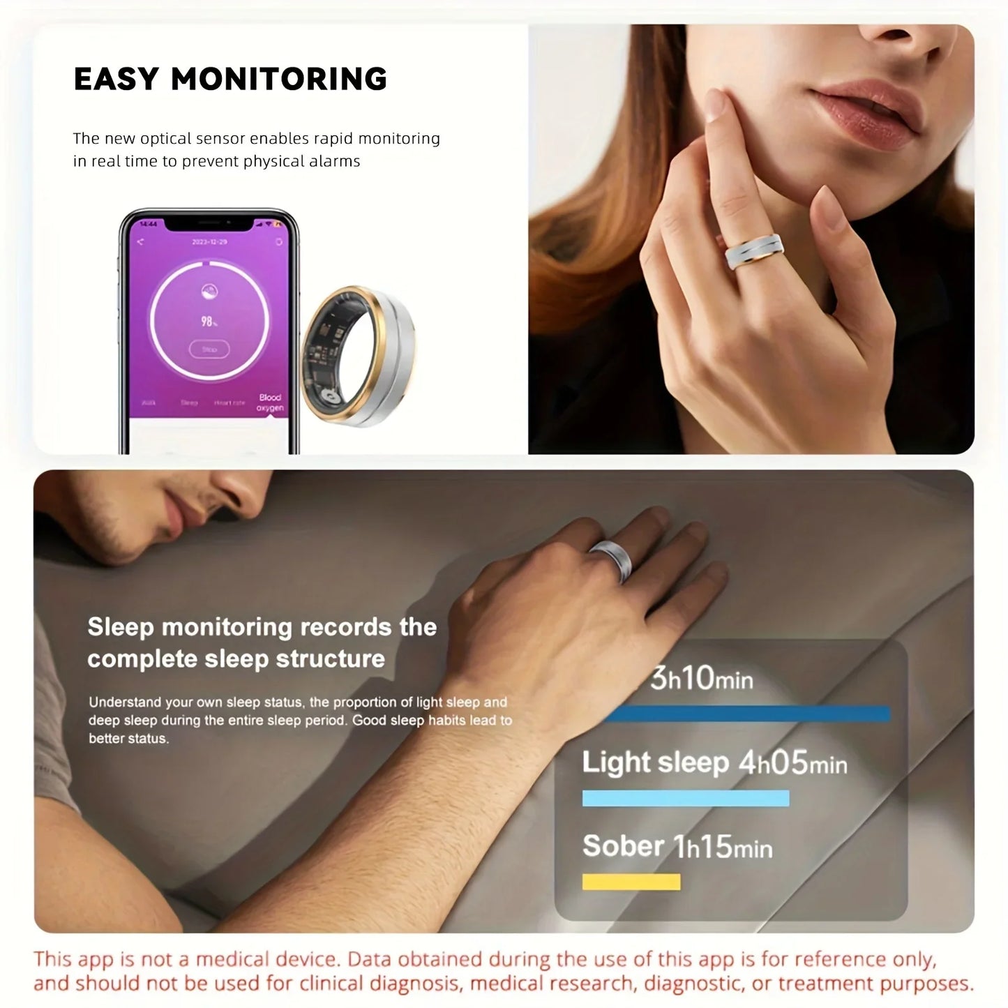 T.TECH Smart Ring Health Tracker - Fitness Sleep Heart Rate Blood Oxygen Tracker Smart Ring for Men and Women,IP68 Waterproof Level Blu