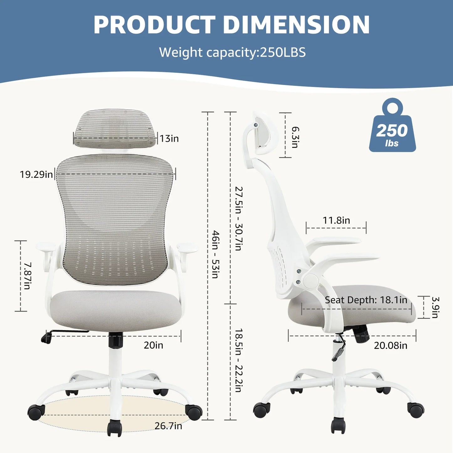 TRUSTY Mesh Ergonomic Office Computer Desk Chair Flip-up Arms Adjustable Headrests Comfortable Lumbar Support For Home Office 2~8days