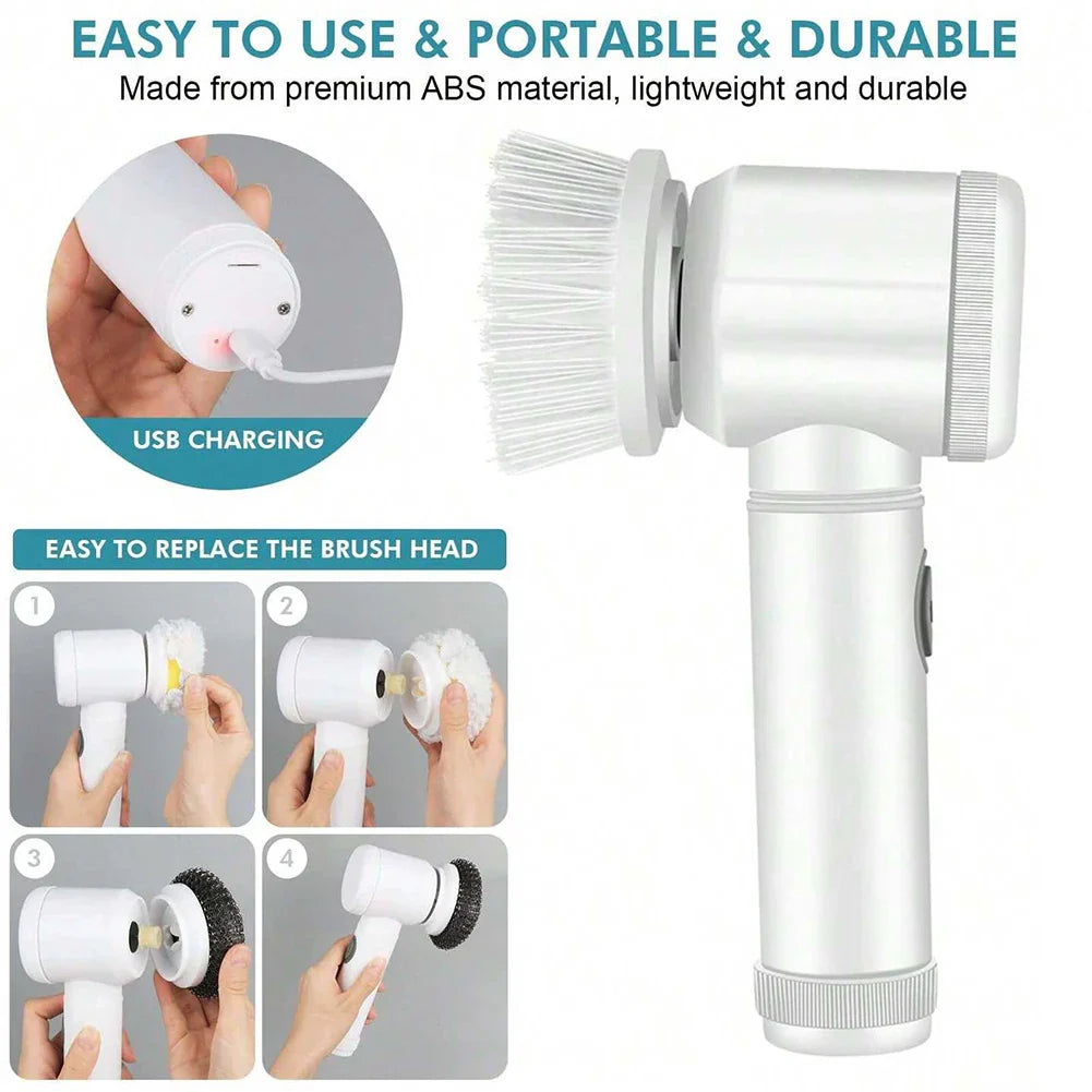 Electric Spin Scrubber USB Rechargeable Wireless Electric Cleaning Brush with 5PCS Brush Head Bathroom Kitchen Dishwashing Brush