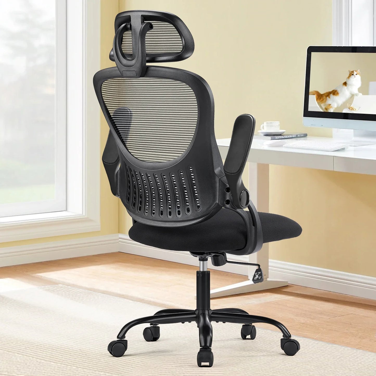 TRUSTY Mesh Ergonomic Office Computer Desk Chair Flip-up Arms Adjustable Headrests Comfortable Lumbar Support For Home Office 2~8days