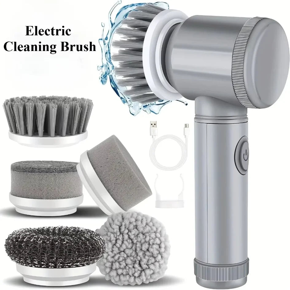 Electric Spin Scrubber USB Rechargeable Wireless Electric Cleaning Brush with 5PCS Brush Head Bathroom Kitchen Dishwashing Brush