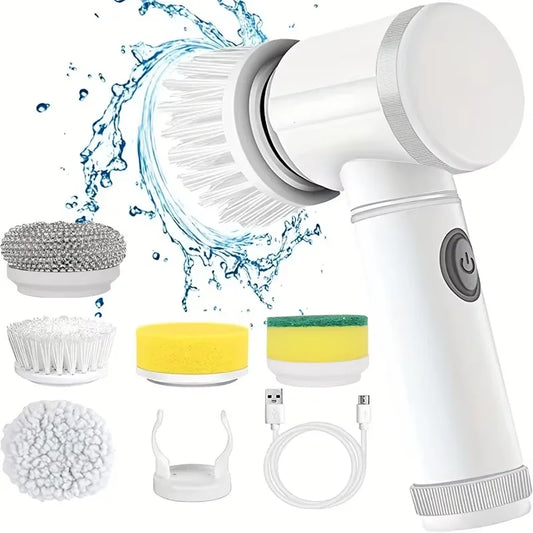 Electric Spin Scrubber USB Rechargeable Wireless Electric Cleaning Brush with 5PCS Brush Head Bathroom Kitchen Dishwashing Brush