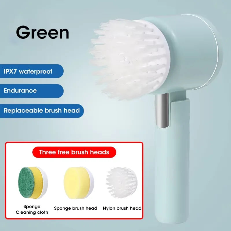 Electric Spin Scrubber USB Rechargeable Wireless Electric Cleaning Brush with 5PCS Brush Head Bathroom Kitchen Dishwashing Brush