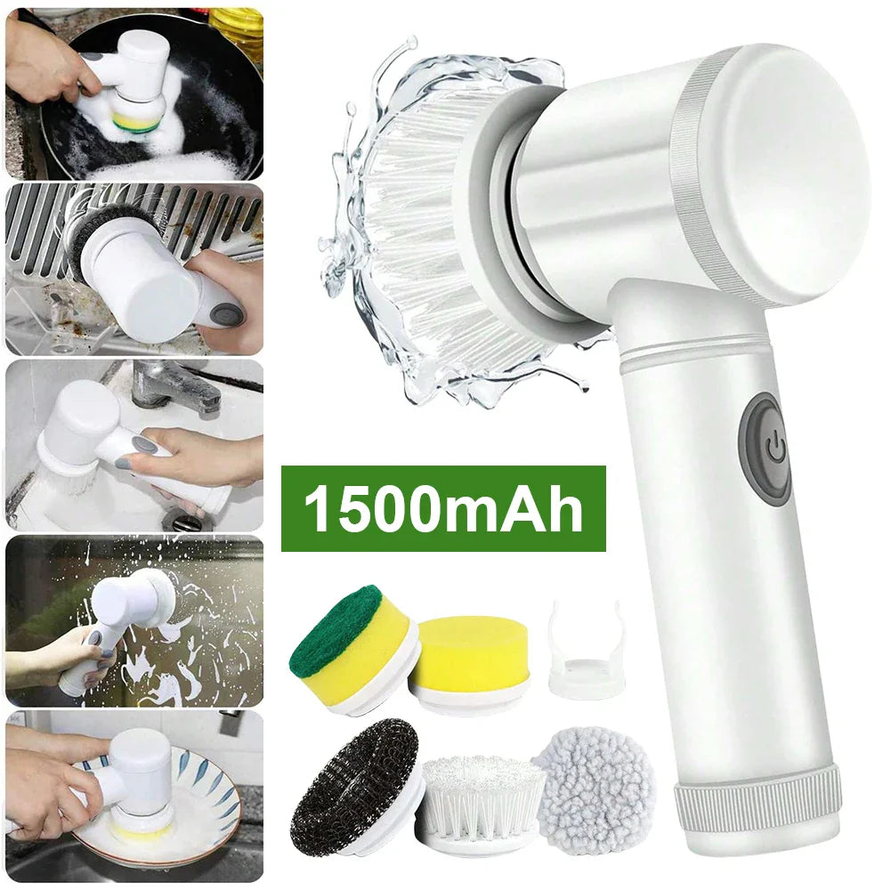 Electric Spin Scrubber USB Rechargeable Wireless Electric Cleaning Brush with 5PCS Brush Head Bathroom Kitchen Dishwashing Brush