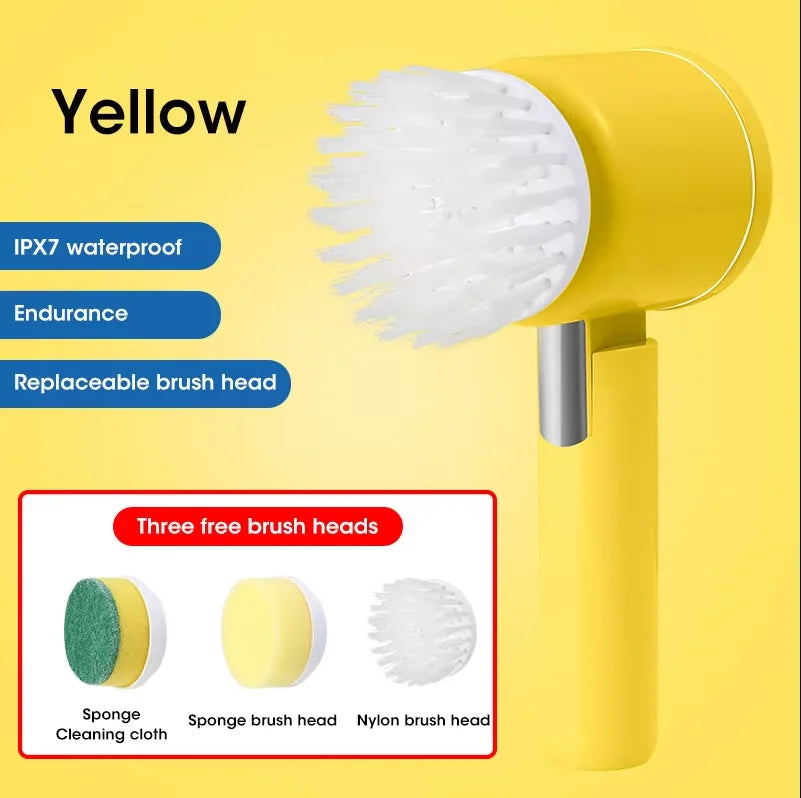 Electric Spin Scrubber USB Rechargeable Wireless Electric Cleaning Brush with 5PCS Brush Head Bathroom Kitchen Dishwashing Brush