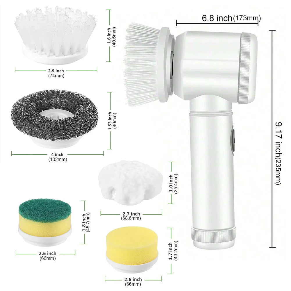 Electric Spin Scrubber USB Rechargeable Wireless Electric Cleaning Brush with 5PCS Brush Head Bathroom Kitchen Dishwashing Brush